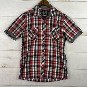 For Him London Brand Mens M Red Black Plaid Slim Fit Button Short Sleeve